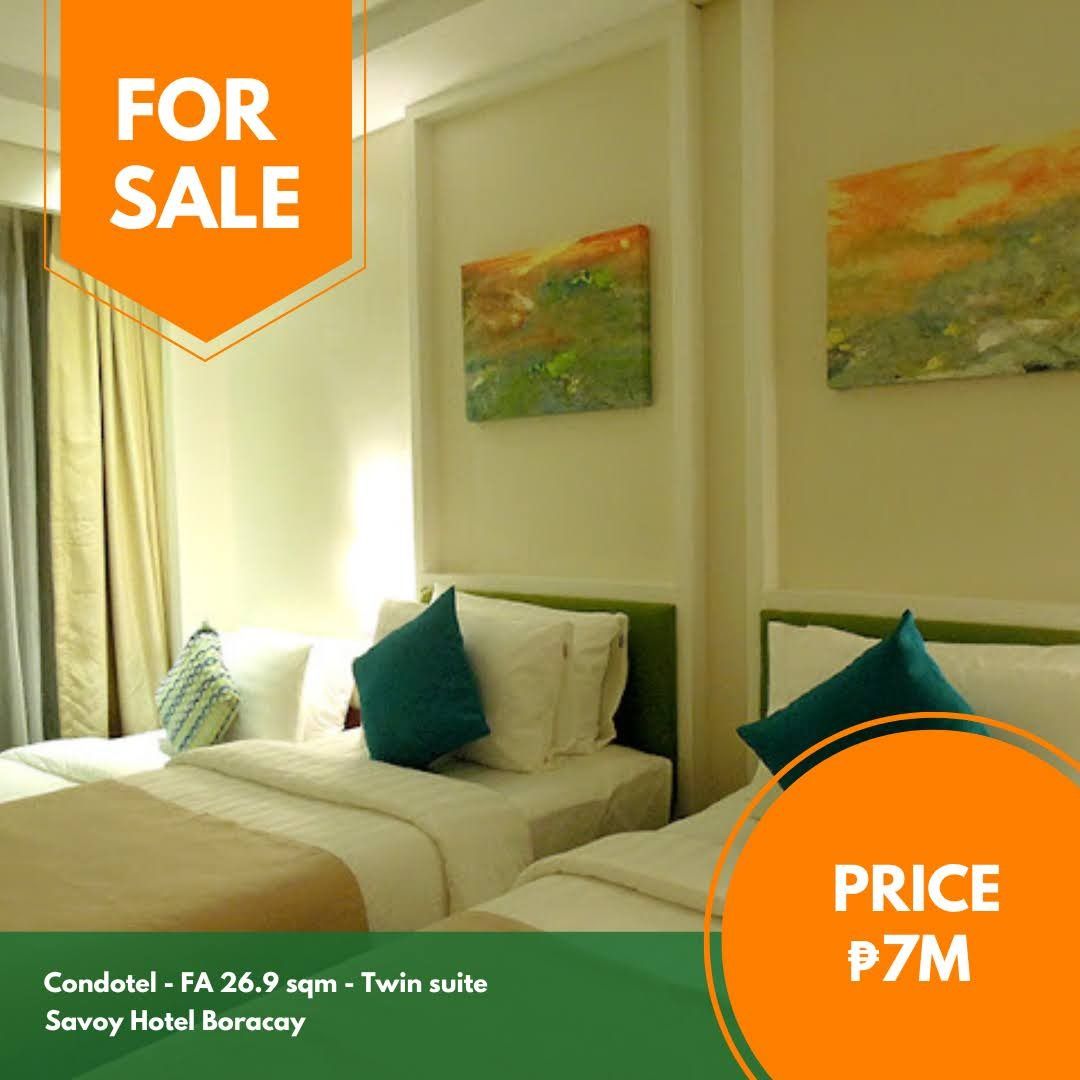 Savoy Hotel Boracay twin suite (Category: Apartments & Condos) located in Quezon City. Submitted by jmpgutierrez (Listing ID 1461829740, Image 1). Description: For sale: Savoy Hotel Boracay twin suite Boracay, Aklan Floor area: 26.9 sqm Condotel unit Clean title Direct to seller Asking price: PHP 7,000,000 https://www.pgr.com.ph/residential-1/2026/2/27/savoy-hotel-boracay-twin-suite -- Jose Mari Pangandian Gutierrez PRC REBL # 16969 PAREB-CTREB.