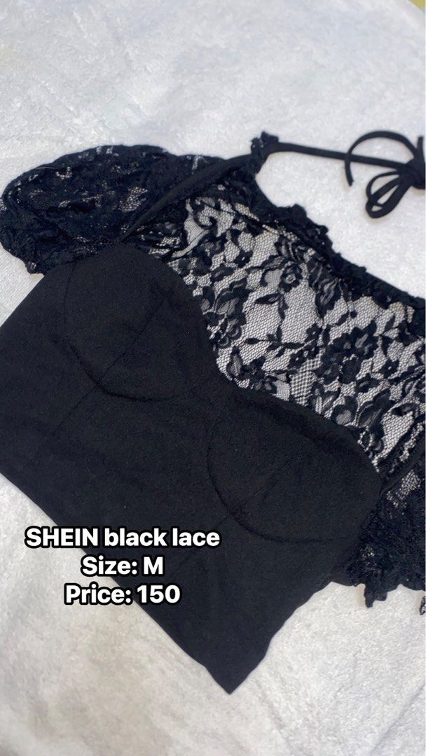 SHEIN Black Lace Corset Top Size M (Category: Sleeveless) located in Manila. Submitted by remotorose29730 (Listing ID 1461820268, Image 1). Description: - SHEIN Black Lace Corset Top - Size: Medium (M) - Features: Sweetheart neckline, intricate lace overlay - Design: Adjustable ties at the back for a perfect fit - Style: Ideal for layering over shirts or wearing as a statement piece on its own - Price: PHP 150.