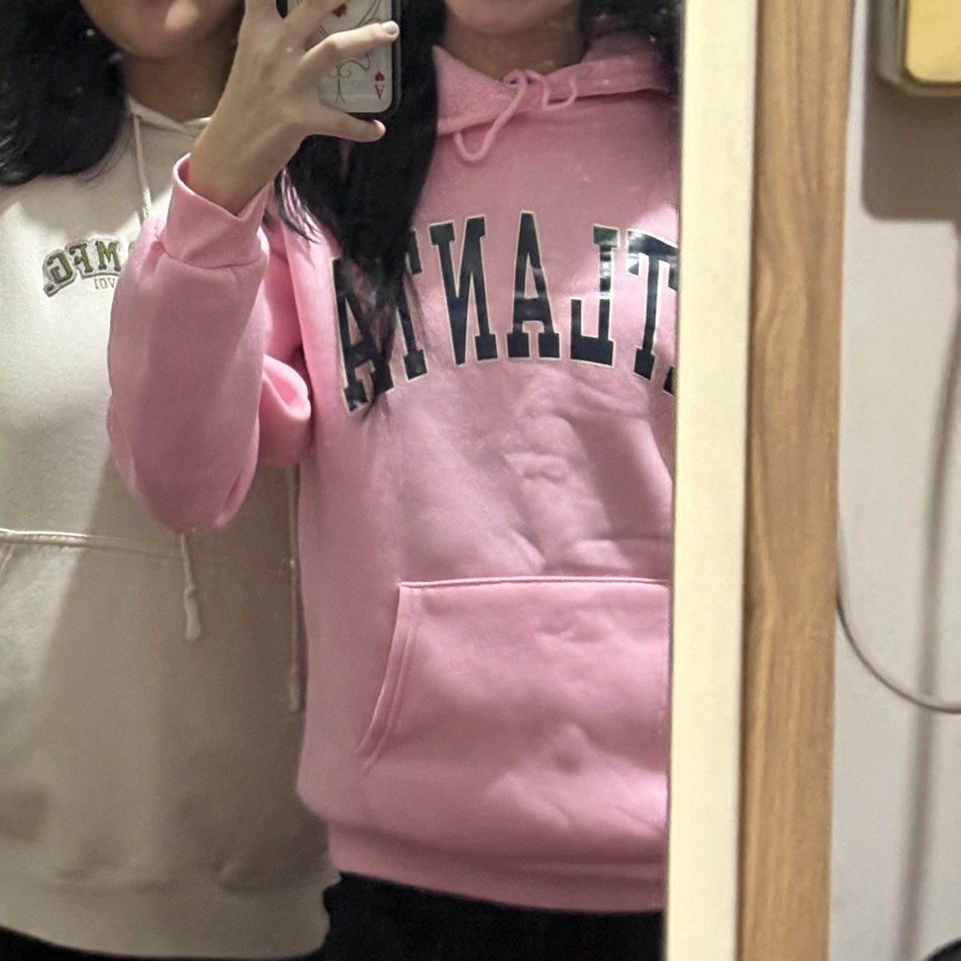 Shein Pink Atlanta Hoodie (Category: Coats, Jackets and Outerwear) located in Manila. Submitted by urpradabae (Listing ID 1418089942, Image 2). Description: Worn this twice palang! PM me for when worn photo. RFS: decluterring.