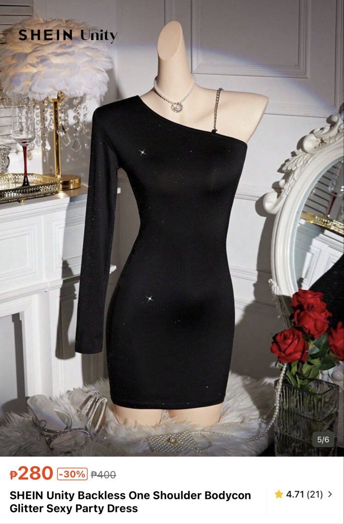SHEIN Unity Bodycon Glitter Dress (Category: Dresses) located in Las Pinas. Submitted by sellerkjb (Listing ID 1461798198, Image 1). Description: BRAND NEW Medium Issue: missing yong parang metal strap as seen sa referenced photo. Can give discounts.