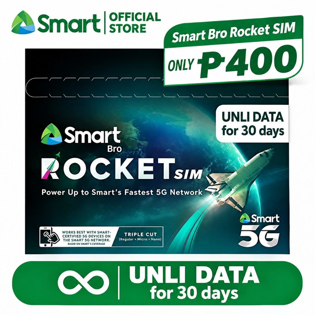 Smart Bro Rocket SIM - Unli Data for 30 Days (Category: Sim Cards) located in Manila. Submitted by zealbird-bfb3 (Listing ID 1461934511, Image 1). Description: Smart Bro Rocket SIM 🚀 💚 ₱400 lang 📶 UNLI DATA for 30 days ⚡ Smart 5G Network 📱 Triple Cut SIM — Regular, Micro & Nano 📦 Ready to use, perfect for phones, tablets, and other compatible devices.