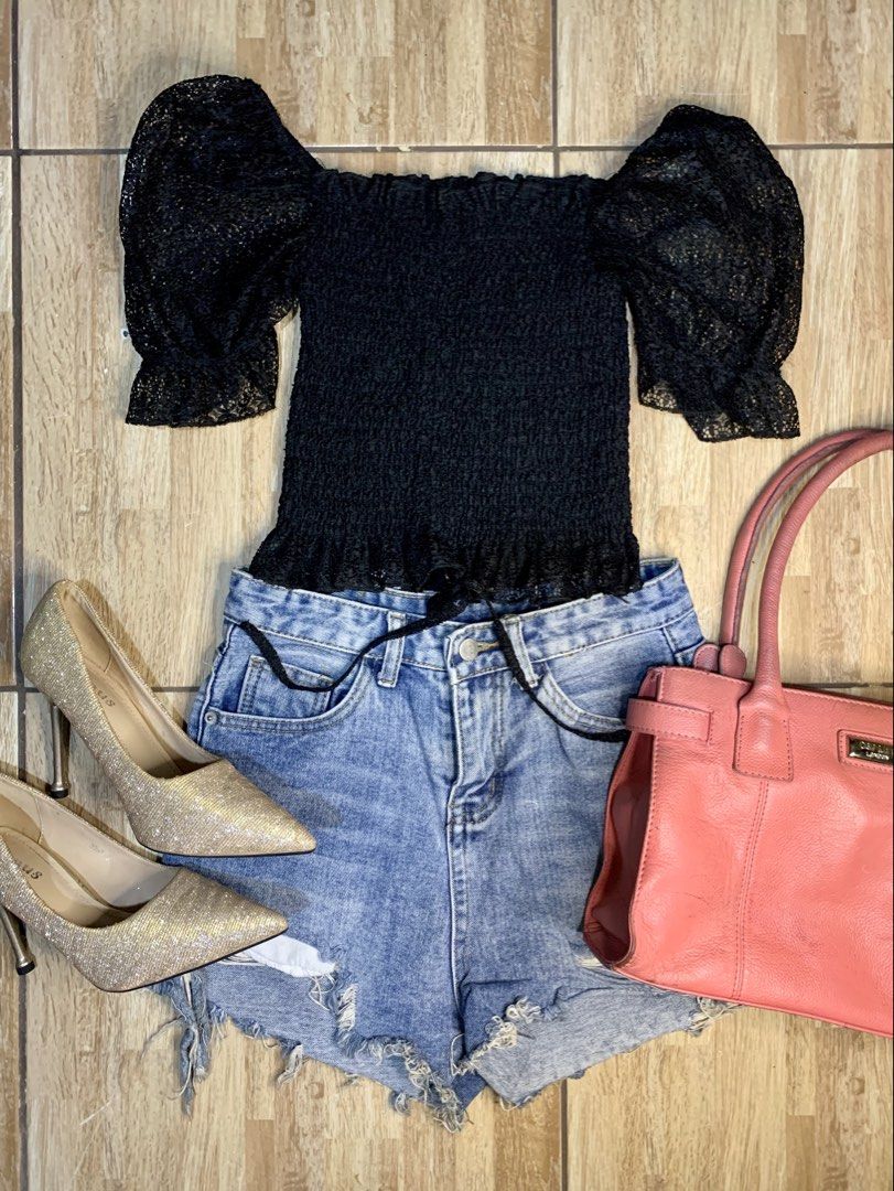 Smocked Black Top with Mesh Sleeves, Off-Shoulder (Category: Blouses) located in Quezon City. Submitted by ronavillezar (Listing ID 1462016521, Image 3). Description: - Black smocked top - Mesh sleeves - Versatile: wear on or off the shoulder - Fits size S-M.