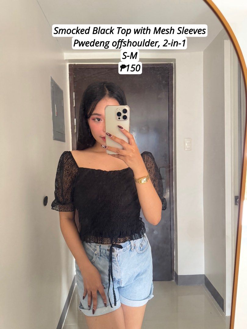 Smocked Black Top with Mesh Sleeves, Off-Shoulder (Category: Blouses) located in Quezon City. Submitted by ronavillezar (Listing ID 1462016521, Image 2). Description: - Black smocked top - Mesh sleeves - Versatile: wear on or off the shoulder - Fits size S-M.