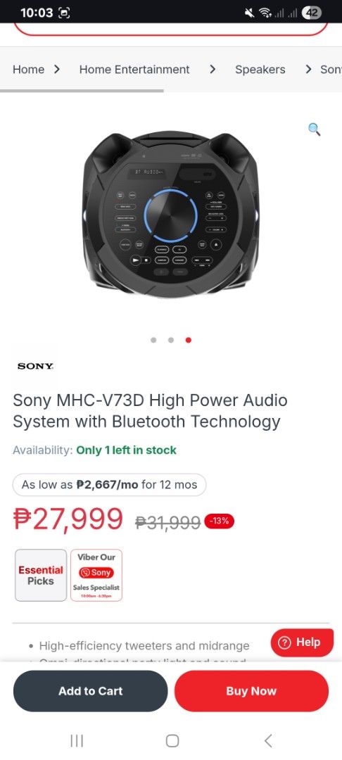 Sony MHC-V73D High Power Audio System with Bluetooth (Category: Soundbars, Speakers & Amplifiers) located in Manila. Submitted by choiichoii224 (Listing ID 1461954493, Image 3). Description: - Sony MHC-V73D High Power Audio System - Bluetooth connectivity - Ideal for parties and gatherings - Features vibrant LED lighting - Limited stock: Only 1 unit available!.