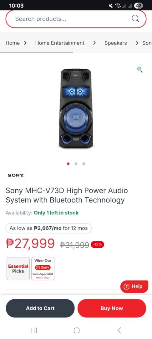 Sony MHC-V73D High Power Audio System with Bluetooth (Category: Soundbars, Speakers & Amplifiers) located in Manila. Submitted by choiichoii224 (Listing ID 1461954493, Image 1). Description: - Sony MHC-V73D High Power Audio System - Bluetooth connectivity - Ideal for parties and gatherings - Features vibrant LED lighting - Limited stock: Only 1 unit available!.