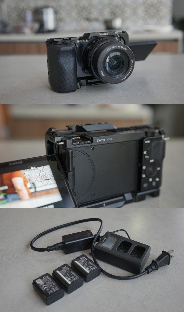 Sony ZV-E10 4K Mirrorless Camera with Kit Lens and Accessories (Category: Cameras) located in Manila. Submitted by gabrielsab31541 (Listing ID 1461822816, Image 1). Description: - Sony ZV-E10 4K Camera - Includes 16-50mm Kit Lens - Comes with SmallRig Cage - 3 Extra Batteries Included - Dual Battery Charger - Ideal for Vlogging & Content Creation - Ready to Shoot Out of the Box.