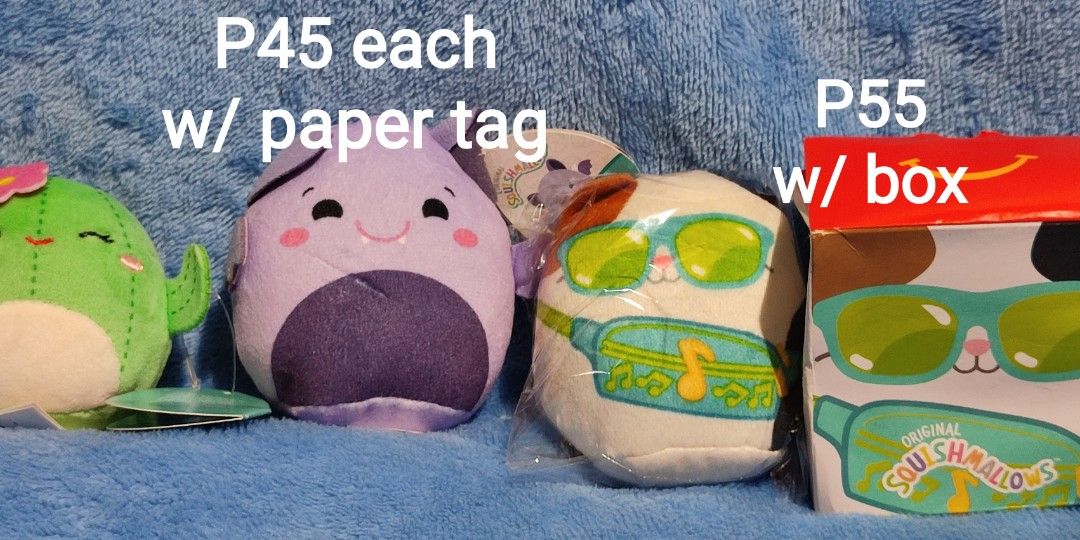 Squishmallows Plush Toys - Various Characters (Category: Plushies & Soft Toys) located in Baguio. Submitted by abigailmyra (Listing ID 1457871682, Image 3). Description: Php 38 each without paper tag Php 45 each WITH paper tag Php 55 each with box Php 85 for original squishmallow 5 inches SQUISHMALLOWS from Mcdo duplicates available loc:Baguio-CAR.