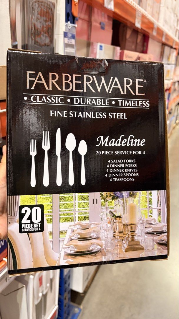 STAINLESS STEEL UTENSILS 20PCS (Category: Dinnerware & Cutlery) located in Makati City. Submitted by sophiajoyb (Listing ID 1461881773, Image 2). Description: FARBERWARE STAINLESS STEEL FLATWARE 20PC ✅ Brandnew from S&R ✅ box and set ✅ pick-up/ delivery location: near MRT magallanes.
