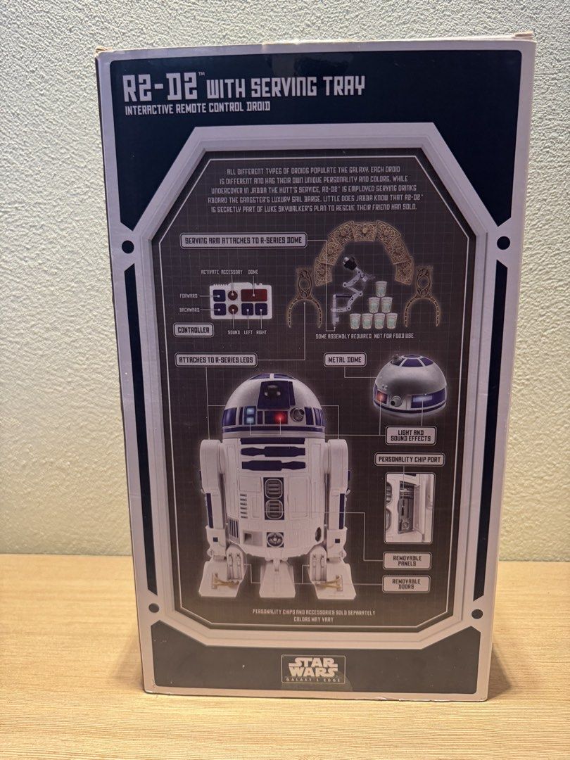 Star Wars R2-D2 Interactive Remote Control Droid with Serving Tray (Category: Remote Control Toys) located in Manila. Submitted by kuroshirooreo (Listing ID 1461870278, Image 2). Description: - Interactive R2-D2 droid with remote control - Features a detachable serving tray - Dome activates accessories - Includes light and sound effects - Droid Depot from Disneyland USA.