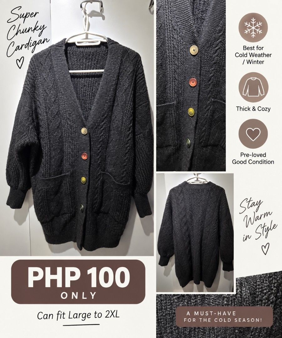 Super Chunky Knitted Cardigan L (Category: Coats, Jackets and Outerwear) located in Manila. Submitted by valedra111 (Listing ID 1461938635, Image 1). Description: can fit up to 2XL.
