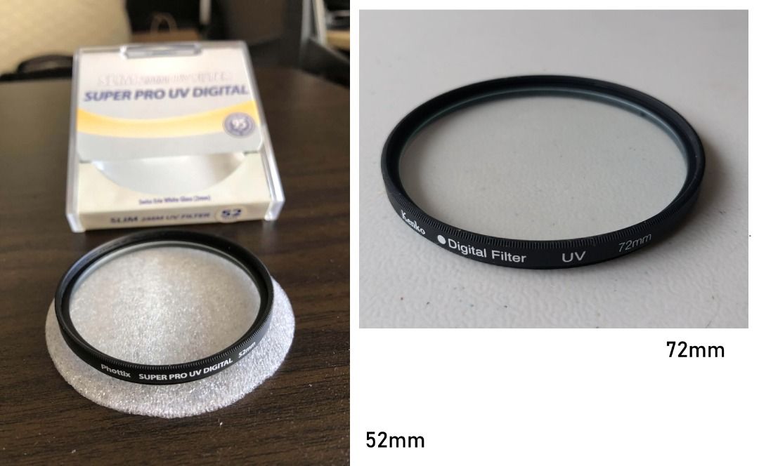 Super Pro UV Digital Slim Lens Filter - 52mm & 72mm (Category: Lens & Kits) located in Quezon City. Submitted by peterlu99979137 (Listing ID 1461858253, Image 1). Description: - Two UV filters for sale: 52mm and 72mm - Brand: Super Pro UV Digital Slim - Protects your camera lens from scratches and dust - Improves image quality by reducing UV light - 52mm filter includes original packaging - Great deal when buying both filters together.