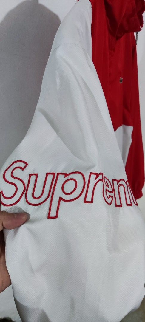 Supreme Lacoste Track Jacket Red White (Category: Coats, Jackets and Outerwear) located in Tubigon. Submitted by john.ukay.finds (Listing ID 1461962562, Image 3). Description: Complete tags Excellent condition as new 10/10 color rate Size Medium to large (22 width - 27 length) No issue.