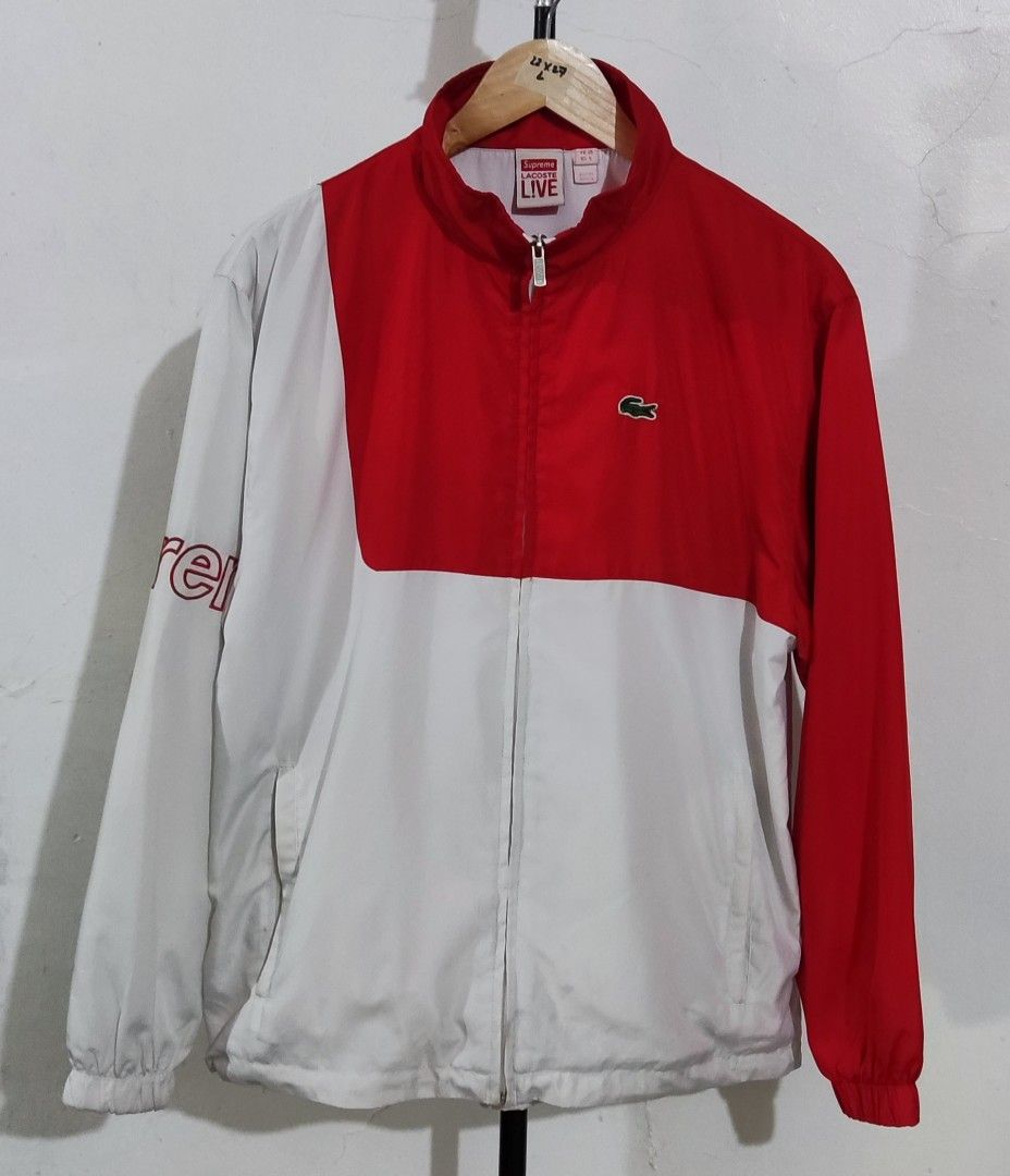 Supreme Lacoste Track Jacket Red White (Category: Coats, Jackets and Outerwear) located in Tubigon. Submitted by john.ukay.finds (Listing ID 1461962562, Image 1). Description: Complete tags Excellent condition as new 10/10 color rate Size Medium to large (22 width - 27 length) No issue.