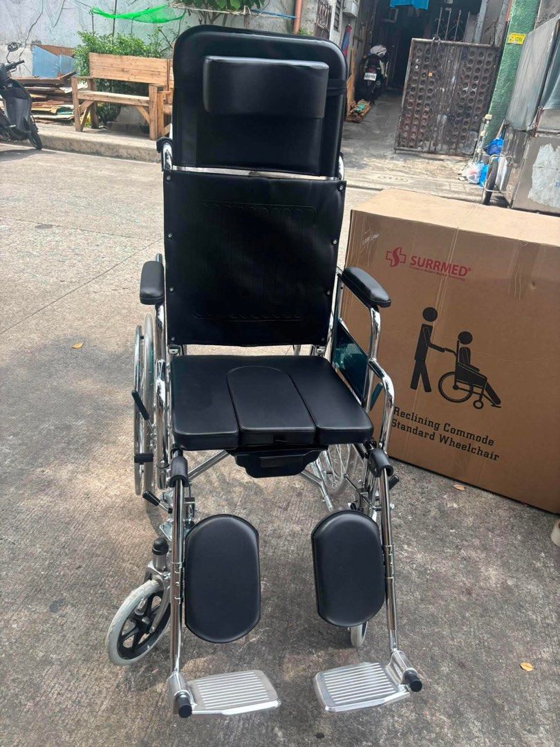 Surrmed Reclining Commode Standard Wheelchair (Category: Wheelchairs) located in Manila. Submitted by rosel2001 (Listing ID 1461830847, Image 1). Description: - Reclining commode wheelchair by Surrmed - Standard model with adjustable backrest for multiple angles - Adjustable footrests for personalized comfort - Features a commode opening - Provides great comfort and support - Includes original packaging.