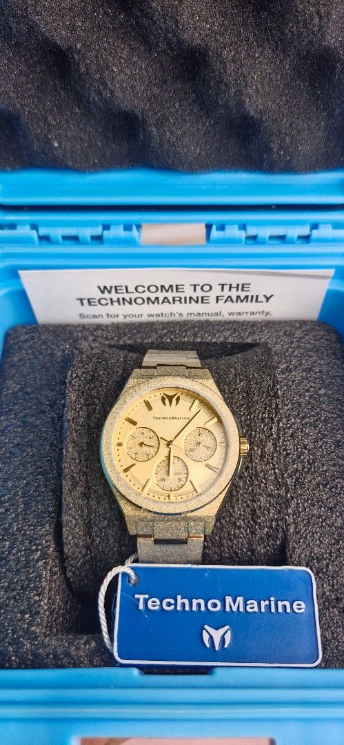 TechnoMarine Gold Chronograph Watch (Category: Luxury Watches) located in Caloocan City. Submitted by jonasbermejo (Listing ID 1461916900, Image 1). Description: - Genuine Gold TechnoMarine Watch - Features Chronograph Function - Comes with Original Blue Case - Includes Manual and Warranty Card - Textured Bezel and Bracelet Design - Versatile for Everyday or Special Occasions.