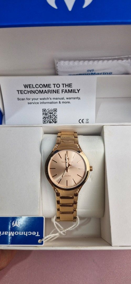 TechnoMarine Rose Gold Watch with Crystals (Category: Women's Watches) located in Caloocan City. Submitted by jonasbermejo (Listing ID 1461916536, Image 1). Description: - Rose gold TechnoMarine watch - Rose gold dial with crystal accents on bezel - Comes with original box, cleaning cloth, and manual - Versatile for everyday wear or special occasions - Ideal gift idea.