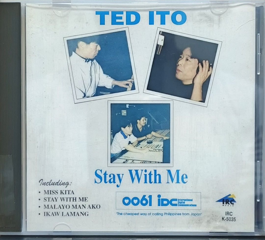 Ted Ito Stay With Me CD Ivory Records (Category: CDs & DVDs) located in Manila. Submitted by ruelcabrer77078 (Listing ID 1461967176, Image 1). Description: - Ted Ito's 'Stay With Me' CD - Released by Ivory Records (Philippine Copyright 1996) - Features popular OPM tracks: 'Miss Kita', 'Malayo Man Ako', 'Ika Lamang', and more. - Ideal for collectors of Filipino music. - A classic OPM album from the 90s..