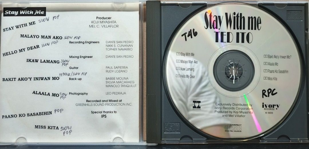 Ted Ito Stay With Me CD Ivory Records (Category: CDs & DVDs) located in Manila. Submitted by ruelcabrer77078 (Listing ID 1461967176, Image 2). Description: - Ted Ito's 'Stay With Me' CD - Released by Ivory Records (Philippine Copyright 1996) - Features popular OPM tracks: 'Miss Kita', 'Malayo Man Ako', 'Ika Lamang', and more. - Ideal for collectors of Filipino music. - A classic OPM album from the 90s..
