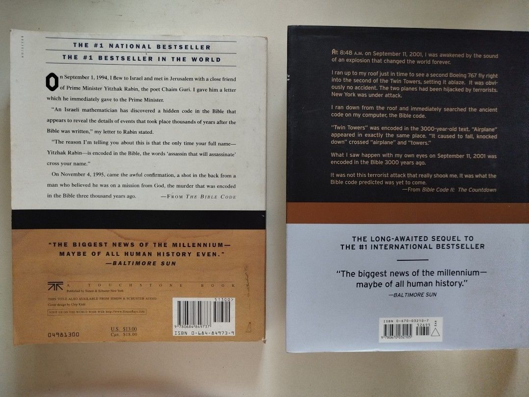The Bible Code & The Bible Code II (hardbound) by Michael Drosnin (Category: Storybooks) located in Paranaque City. Submitted by kaceys_closet (Listing ID 1461853798, Image 2). Description: - Two (2) Michael Drosnin books: The Bible Code and The Bible Code II: The Countdown. - Both are New York Times Bestsellers. - Explore the fascinating hidden code within the Bible. - The second book, The Countdown, is a direct sequel. - Perfect for readers int