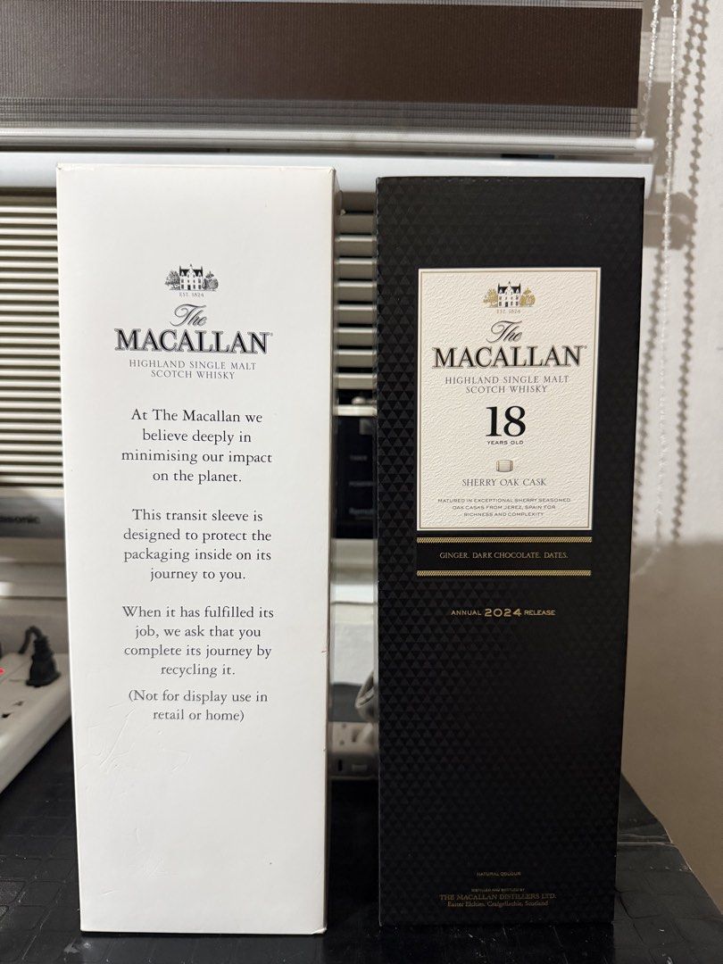 The Macallan 18 Years Old Sherry Oak Cask (Category: Beverages) located in Manila. Submitted by _valerie (Listing ID 1461917349, Image 1). Description: - The Macallan 18 Years Old Sherry Oak Cask - Matured in exceptional sherry seasoned oak casks from Jerez, Spain - Tasting Notes: Ginger, dark chocolate, dates - Comes with original box and transit sleeve - Ideal for collectors and whisky enthusiasts.