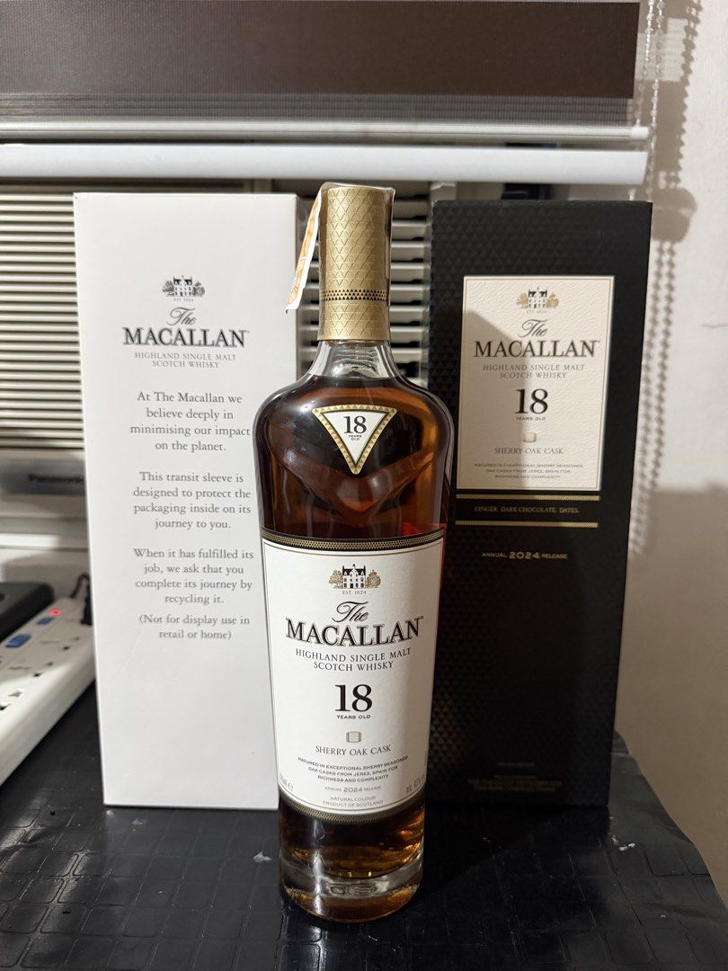 The Macallan 18 Years Old Sherry Oak Cask (Category: Beverages) located in Manila. Submitted by _valerie (Listing ID 1461917349, Image 2). Description: - The Macallan 18 Years Old Sherry Oak Cask - Matured in exceptional sherry seasoned oak casks from Jerez, Spain - Tasting Notes: Ginger, dark chocolate, dates - Comes with original box and transit sleeve - Ideal for collectors and whisky enthusiasts.