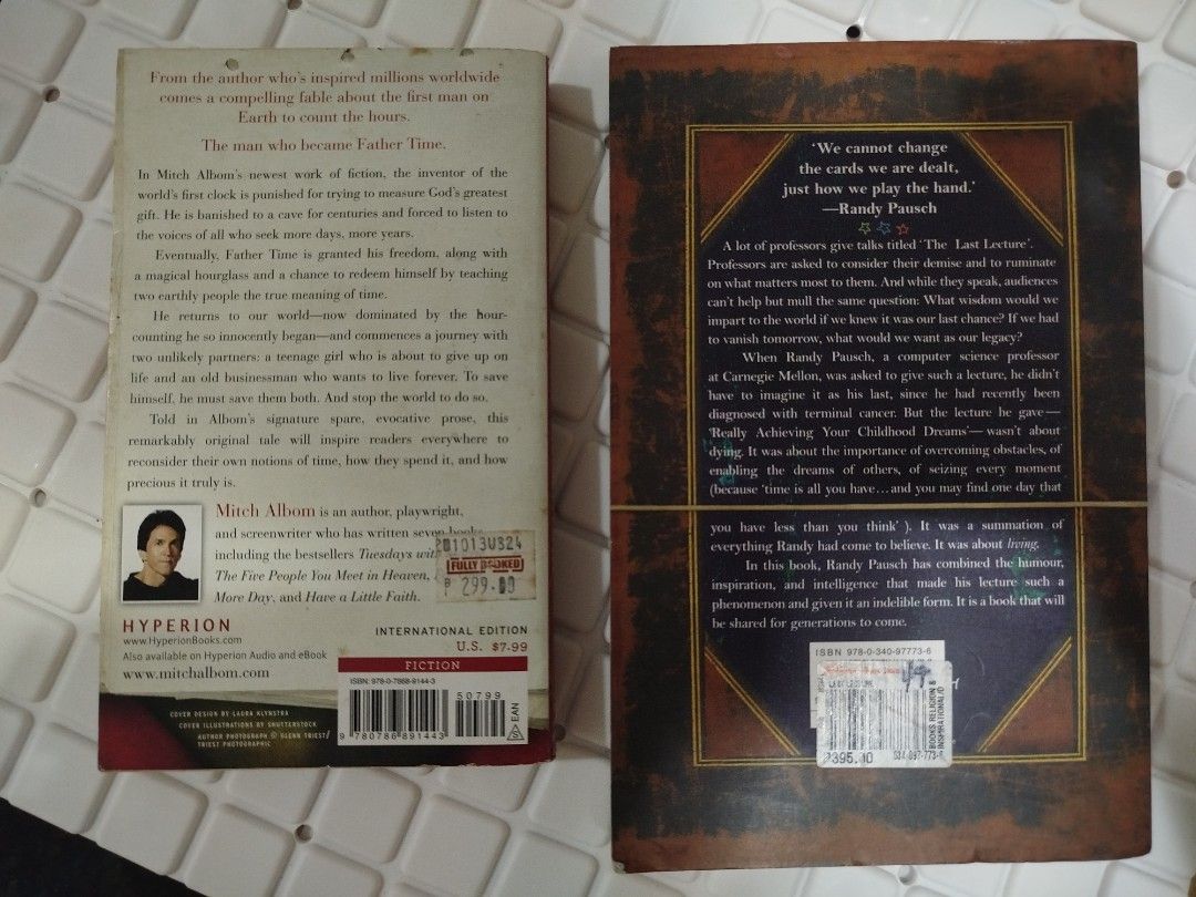 The Time Keeper & The Last Lecture (Category: Storybooks) located in Paranaque City. Submitted by kaceys_closet (Listing ID 1461895364, Image 2). Description: - Get both for only P190 - 'The Time Keeper' by Mitch Albom (Paperback) - 'The Last Lecture' by Randy Pausch (Paperback) - Great for readers who enjoy thought-provoking stories.