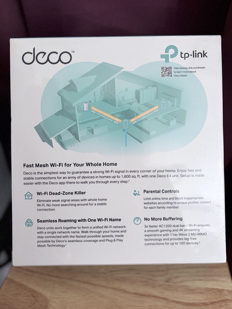 TP-Link Deco E4 AC1200 Whole Home Mesh Wi-Fi Unit (Category: Office & Business Technology) located in Valenzuela. Submitted by ajoweeeeeee (Listing ID 1461826299, Image 3). Description: - Enjoy fast, stable Wi-Fi throughout your home. - Covers an area of up to 1,600 sq. ft. - Eliminates Wi-Fi dead zones for seamless roaming. - Can be used as a router or an additional unit. - Simple setup using the user-friendly Deco app. - Includes parental contr