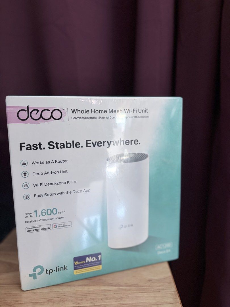 TP-Link Deco E4 AC1200 Whole Home Mesh Wi-Fi Unit (Category: Office & Business Technology) located in Valenzuela. Submitted by ajoweeeeeee (Listing ID 1461826299, Image 1). Description: - Enjoy fast, stable Wi-Fi throughout your home. - Covers an area of up to 1,600 sq. ft. - Eliminates Wi-Fi dead zones for seamless roaming. - Can be used as a router or an additional unit. - Simple setup using the user-friendly Deco app. - Includes parental contr