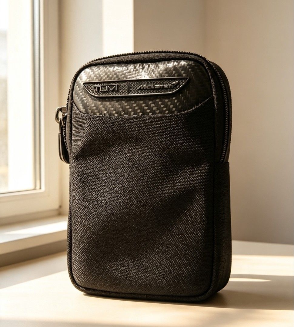 TUMI | McLaren Fuel Small Crossbody (Category: Cross-body Bags) located in Manila. Submitted by trplxn (Listing ID 1461830930, Image 1). Description: TUMI x McLaren limited-edition crossbody pouch. Premium black nylon with carbon fiber detail & McLaren orange accents. Versatile, durable, excellent condition! Rare piece — great for daily use or collection. Message for more product details!.