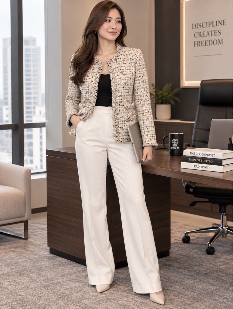 Tweed Cream Blazer (Category: Coats, Jackets and Outerwear) located in Taguig. Submitted by vm.co (Listing ID 1461658185, Image 2). Description: Perfect for: • Corporate office wear • Business travel • Smart casual outfits • Rainy or cool weather • Capsule wardrobe • Everyday sophisticated styling Condition: Appears to be in very good preloved condition with no visible major stains, tears, or discoloration in the photo. A light steam will give it