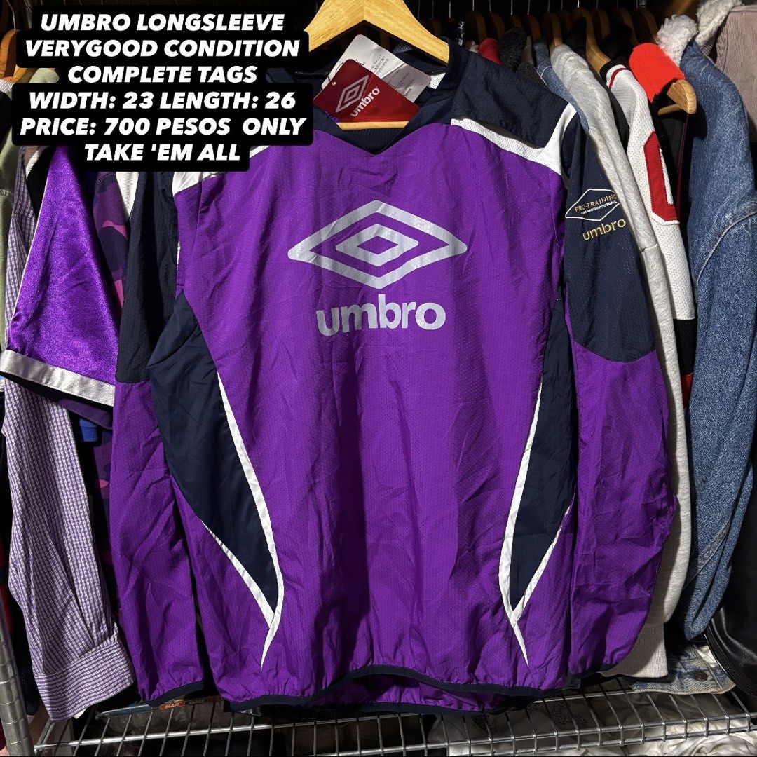 Umbro Pro-Training Long Sleeve Purple Top (Category: Longsleeves) located in Caloocan City. Submitted by bonsatocha43876 (Listing ID 1461980732, Image 1). Description: - Umbro Pro-Training long sleeve top - Color: Purple - Includes complete tags - Measurements: Width 23 inches, Length 26 inches - Price: P700.