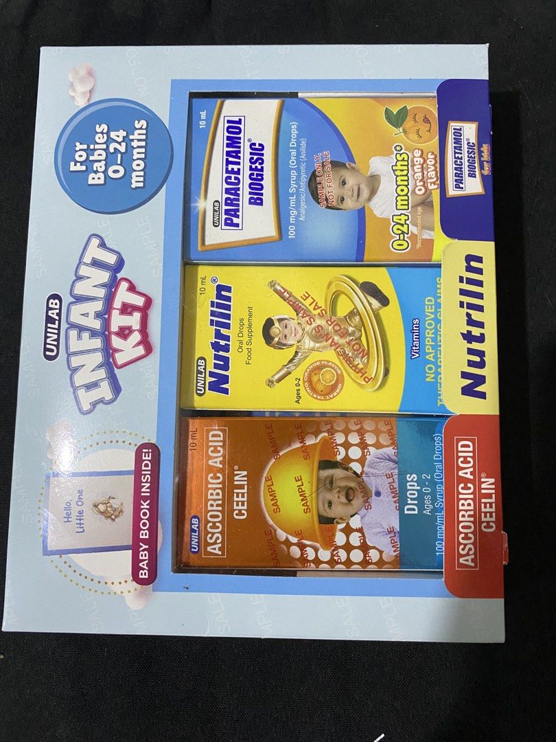 Unilab Infant Kit - Baby Essentials (Category: Baby Toiletries & Grooming) located in Manila. Submitted by bpbpbpmiel (Listing ID 1461975545, Image 1). Description: - Unilab Infant Kit for babies aged 0-24 months. - Contains essential medications: Paracetamol Biogesic, Nutrilin Vitamins, and Ascorbic Acid Ceelin. - Includes a helpful baby book. - Perfect for your baby's health and development needs. SF c/o buyer Opened to check expiry - October 2
