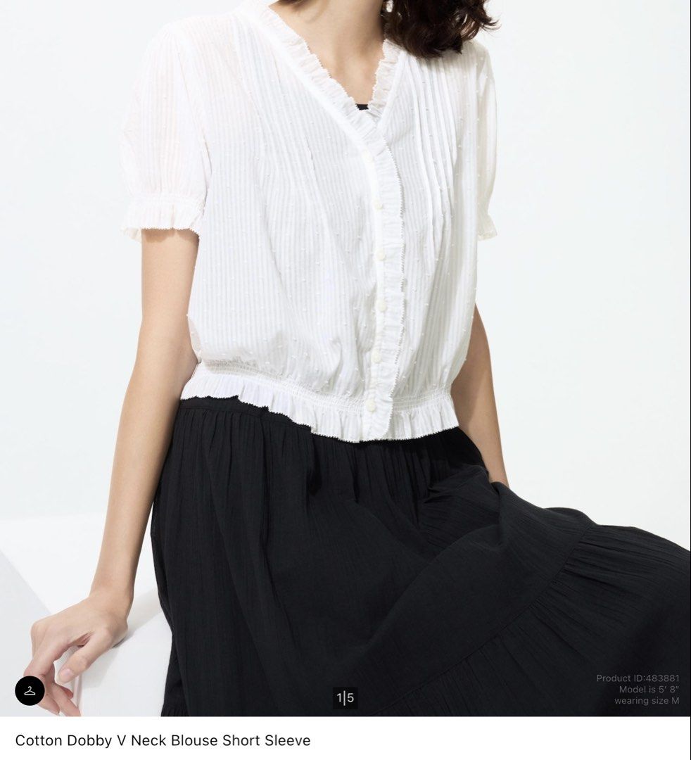 UNIQLO V Neck White Blouse (Category: Blouses) located in San Jose del Monte. Submitted by chingguyahhh19 (Listing ID 1461967909, Image 1). Description: - Cute white blouse - Ruffled V-neckline - Short sleeves - Subtle textured stripe and tiny dot details - Elasticated hem for comfort - Perfect for casual or dressed-up outfits.