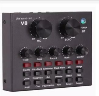 V8 Live Sound Card Audio Mixer (Category: Other Audio Equipment) located in Quezon City. Submitted by SustainableFashionatbp (Listing ID 1461941216, Image 1). Description: - V8 Live Sound Card - Controls for Mic and Echo levels - Knobs for Treble, Bass, Record, Music, and Monitor - Multiple Sound Effect buttons (Electro, Pitch Bend, Gun, Kiss, etc.) - Ideal for Live Streaming and Recording --Lost cables and boom mic stand.