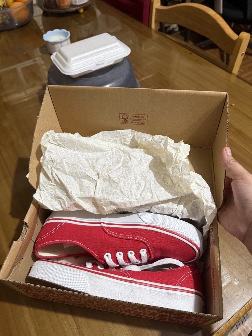 VANS SNEAKER (Category: Sneakers) located in Makati City. Submitted by beymadrigal (Listing ID 1459852920, Image 2). Description: size 7 - brandnew - Classic red Vans Authentic sneakers - Lace-up style with white laces - White sole - Vans logo visible on heel and insole - Staple for any casual outfit - Great for everyday wear.