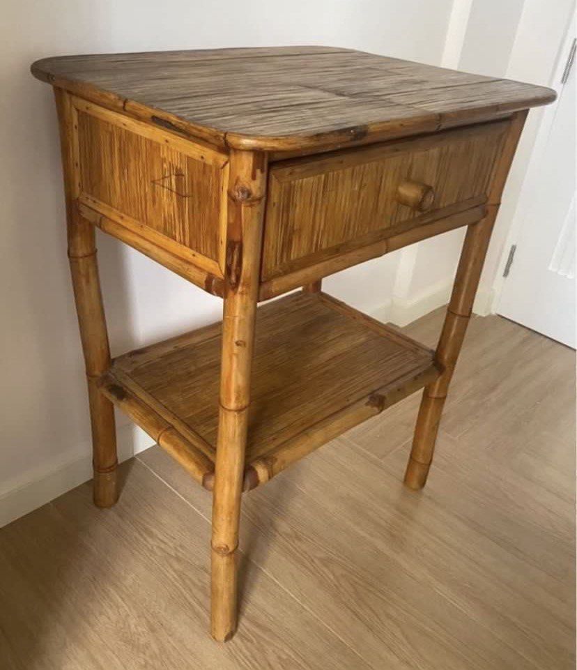 Vintage Bamboo Table with Drawer and Shelf (Category: Shelves, Cabinets & Racks) located in Muntinlupa City. Submitted by bloo_berry (Listing ID 1461888063, Image 2). Description: Rattan Bamboo 2-layered table w/ drawer & shelf Dimensions in inches L 24.5” x W 18.5” x H 31.5” Selling as is ₱4,850 SF c/o buyer.