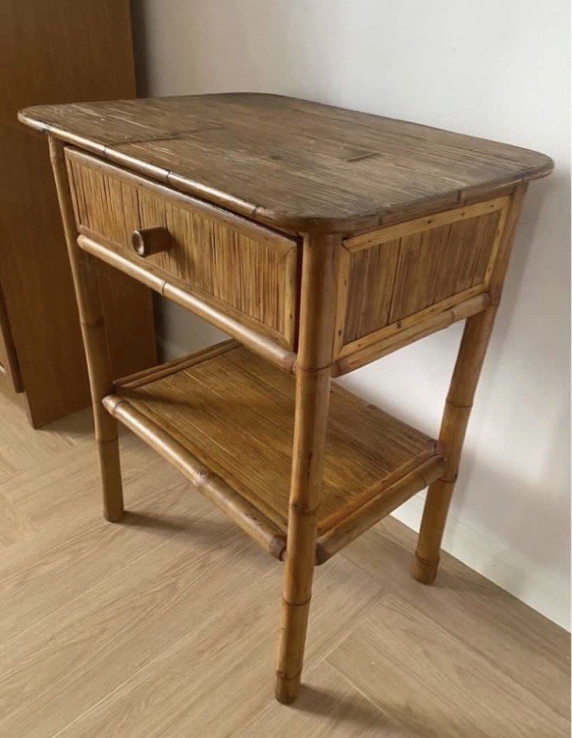Vintage Bamboo Table with Drawer and Shelf (Category: Shelves, Cabinets & Racks) located in Muntinlupa City. Submitted by bloo_berry (Listing ID 1461888063, Image 3). Description: Rattan Bamboo 2-layered table w/ drawer & shelf Dimensions in inches L 24.5” x W 18.5” x H 31.5” Selling as is ₱4,850 SF c/o buyer.