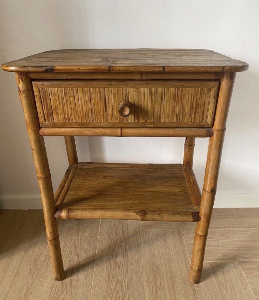 Vintage Bamboo Table with Drawer and Shelf (Category: Shelves, Cabinets & Racks) located in Muntinlupa City. Submitted by bloo_berry (Listing ID 1461888063, Image 1). Description: Rattan Bamboo 2-layered table w/ drawer & shelf Dimensions in inches L 24.5” x W 18.5” x H 31.5” Selling as is ₱4,850 SF c/o buyer.