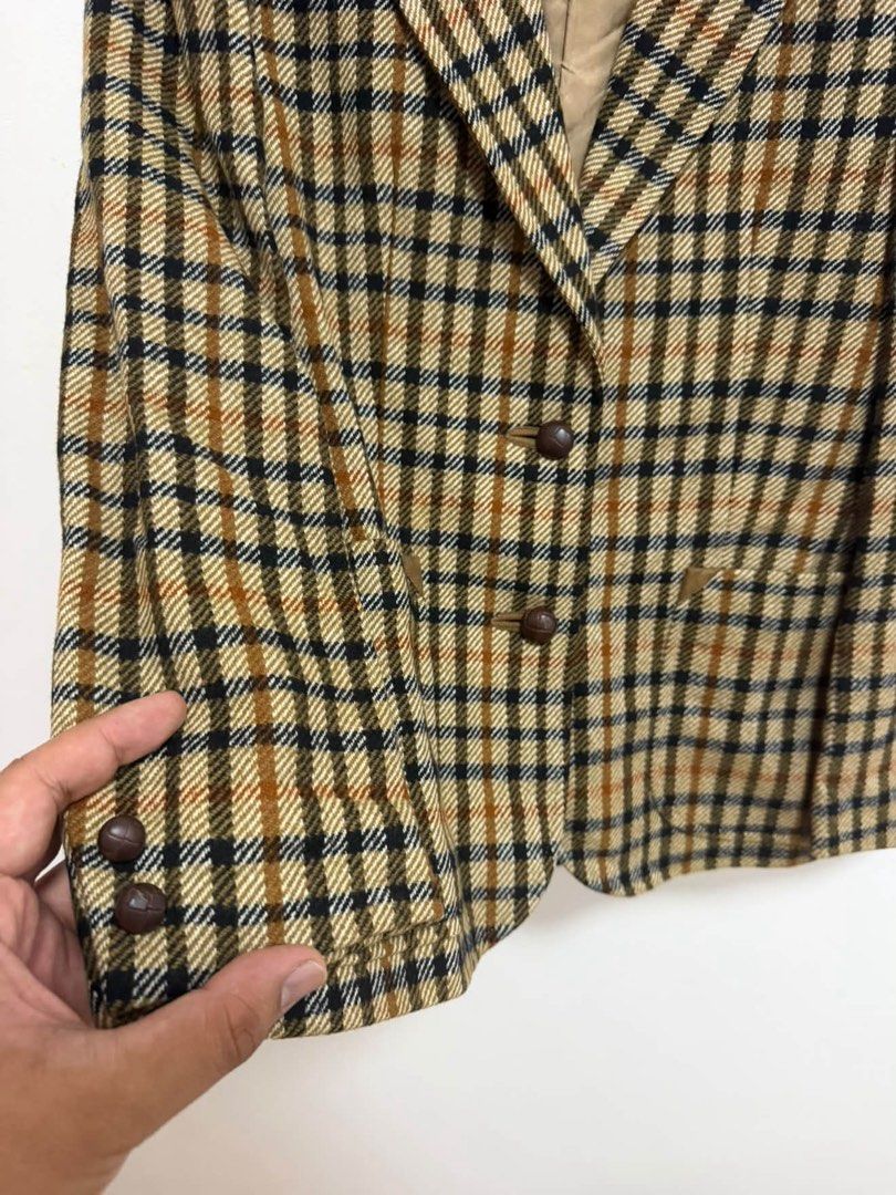 Vintage DAKS Plaid Wool Jacket (Category: Coats, Jackets and Outerwear) located in Iloilo. Submitted by bunitoapparel_v2 (Listing ID 1461919192, Image 3). Description: Vintage DAKS Plaid Wool Jacket Excellent Condition No Flaws Size Small Width 18 Length 25 Vintage DAKS plaid wool jacket featuring a classic brown and beige check pattern with a branded interior lining..