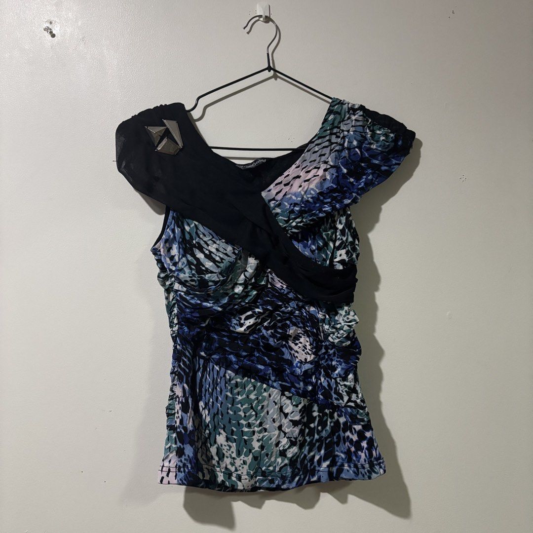 Vintage Patterned Asymmetrical Overlay Ruched Top (Category: Sleeveless) located in Binan City. Submitted by mypreloved_haul (Listing ID 1461807813, Image 1). Description: .