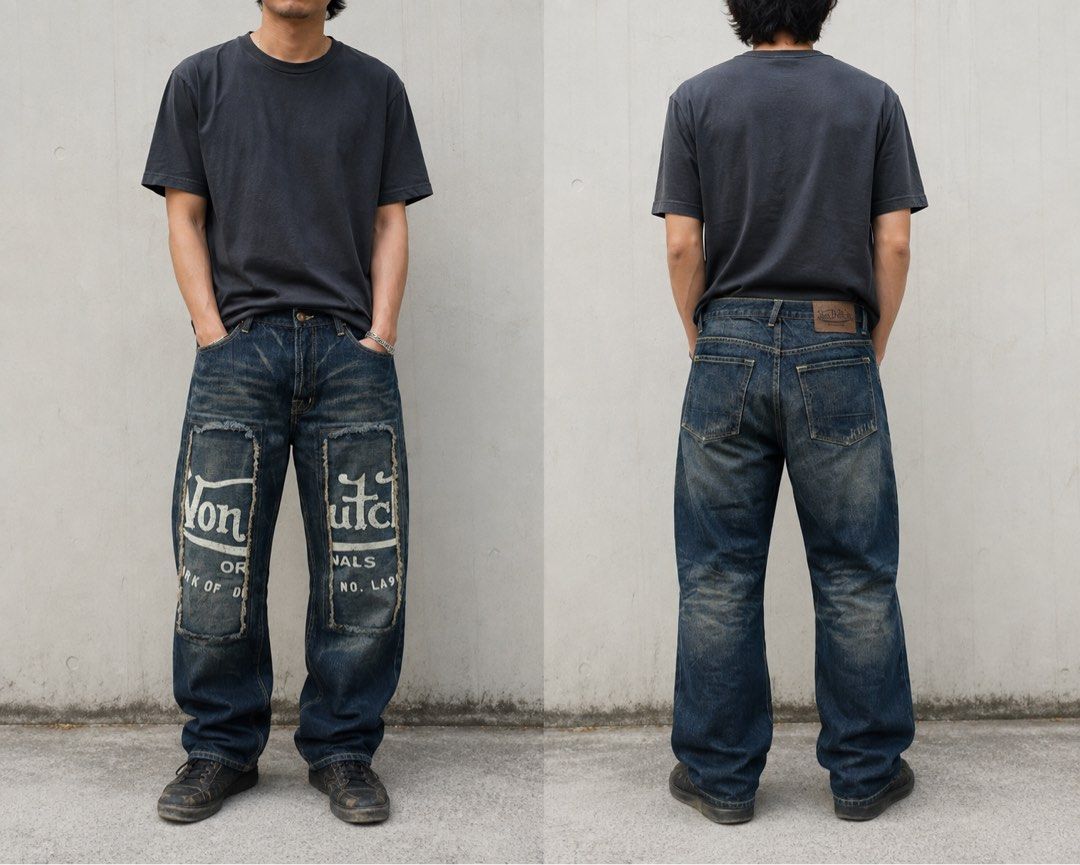 Vintage Von Dutch Logo Patchwork Design Denim Pants (Category: Jeans) located in Calamba. Submitted by lgnhustler_18 (Listing ID 1461972216, Image 1). Description: Vintage Von Dutch Logo Patchwork Design Denim Pants Size 32 Laid Flat Measurements: Waist: 16 inches Length: 45 inches Hip: 21 inches Inseam: 32.5 inches Thigh: 13 inches Leg Opening: 9 inches Front Rise: 11.5 inches Back Rise: 16 inches Condition: Very Good Flaws: None! 🏷️₱3,500 FREE