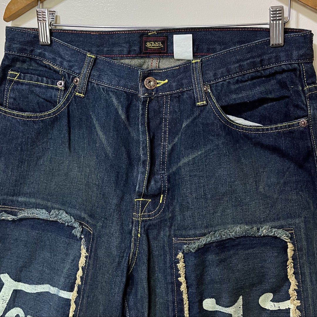 Vintage Von Dutch Logo Patchwork Design Denim Pants (Category: Jeans) located in Calamba. Submitted by lgnhustler_18 (Listing ID 1461972216, Image 3). Description: Vintage Von Dutch Logo Patchwork Design Denim Pants Size 32 Laid Flat Measurements: Waist: 16 inches Length: 45 inches Hip: 21 inches Inseam: 32.5 inches Thigh: 13 inches Leg Opening: 9 inches Front Rise: 11.5 inches Back Rise: 16 inches Condition: Very Good Flaws: None! 🏷️₱3,500 FREE