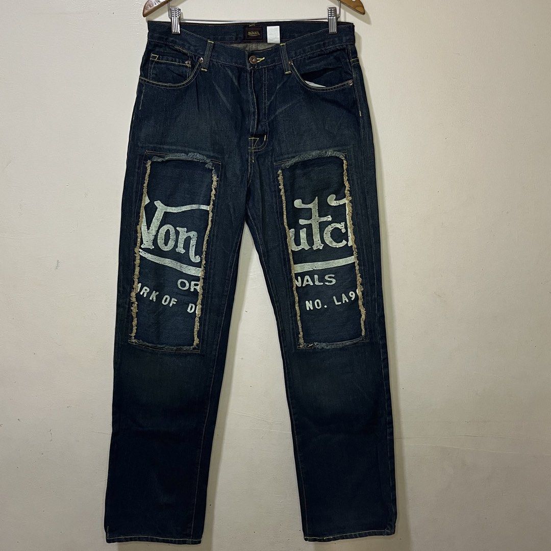Vintage Von Dutch Logo Patchwork Design Denim Pants (Category: Jeans) located in Calamba. Submitted by lgnhustler_18 (Listing ID 1461972216, Image 2). Description: Vintage Von Dutch Logo Patchwork Design Denim Pants Size 32 Laid Flat Measurements: Waist: 16 inches Length: 45 inches Hip: 21 inches Inseam: 32.5 inches Thigh: 13 inches Leg Opening: 9 inches Front Rise: 11.5 inches Back Rise: 16 inches Condition: Very Good Flaws: None! 🏷️₱3,500 FREE