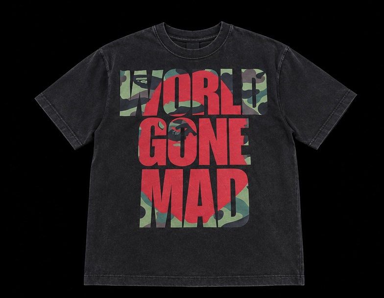 Bape World Gone Mad (WGM) (Category: Tshirts & Polo Shirts ) located in Santiago. Submitted by nierusober (Listing ID 1461951184, Image 2). Description: Vintage wash black tee with a striking red and camo 'World Gone Mad' graphic. Classic fit, crew neck, short sleeves. Perfect for everyday style..
