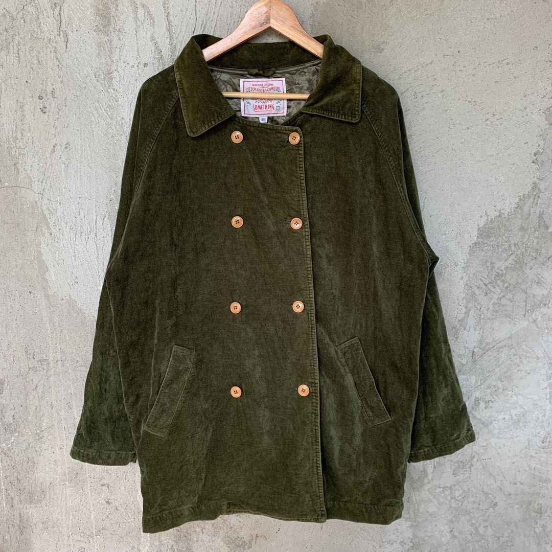 Vtg 90s Something By Edwin Corduroy Double Breasted Coat (Category: Coats, Jackets and Outerwear) located in Sindangan. Submitted by holy_thrift (Listing ID 1461805940, Image 1). Description: - Vtg 90s Something By Edwin Corduroy Double Breasted Coat - Size Large - width / 23 - length / 31.5 - Excellent Condition - issue / nasa 9 and 10 fade po kunti sa neck nya - free shipping.