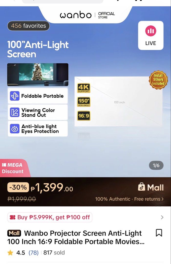 Wanbo Projector Screen Anti-Light 100inch (Category: Projectors) located in Las Pinas. Submitted by benjanorconsumergoods (Listing ID 1461875943, Image 1). Description: Opened for testing but never been used. Na stock lang ng matagal sa closet..