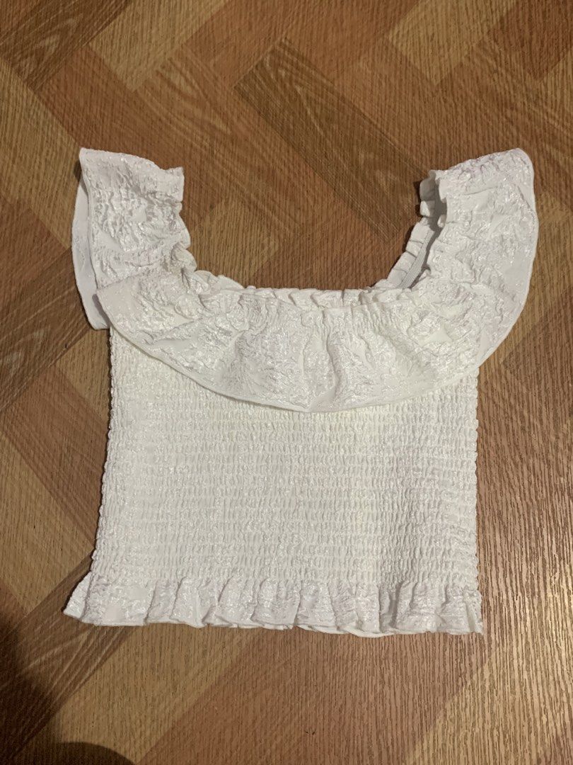 white off shoulder smocked top (Category: Blouses) located in Muntinlupa City. Submitted by pink.poppies (Listing ID 1461938840, Image 2). Description: - french style! so cuteee - stretchy .