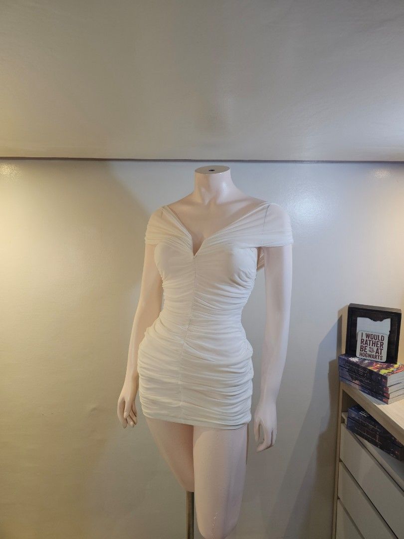 White Ruched Off-Shoulder Mesh Dress (Category: Dresses) located in Antipolo. Submitted by ancheska_ (Listing ID 1461801449, Image 2). Description: Xs-Small No Issue 📍Upper Antipolo .