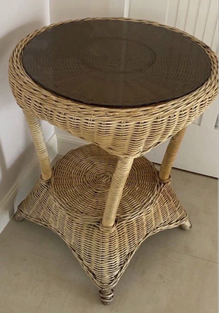 Wicker Side Table with Glass Top (Category: Tables & Sets) located in Muntinlupa City. Submitted by bloo_berry (Listing ID 1461887767, Image 3). Description: Round rattan 2-layered coffee side table w/ glass top Approximate Dimensions in inches Diameter 18.5” x H 22.5” Selling as is ₱2,640 SF c/o buyer.