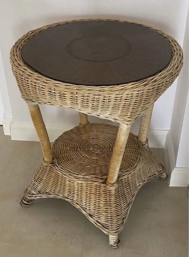 Wicker Side Table with Glass Top (Category: Tables & Sets) located in Muntinlupa City. Submitted by bloo_berry (Listing ID 1461887767, Image 2). Description: Round rattan 2-layered coffee side table w/ glass top Approximate Dimensions in inches Diameter 18.5” x H 22.5” Selling as is ₱2,640 SF c/o buyer.